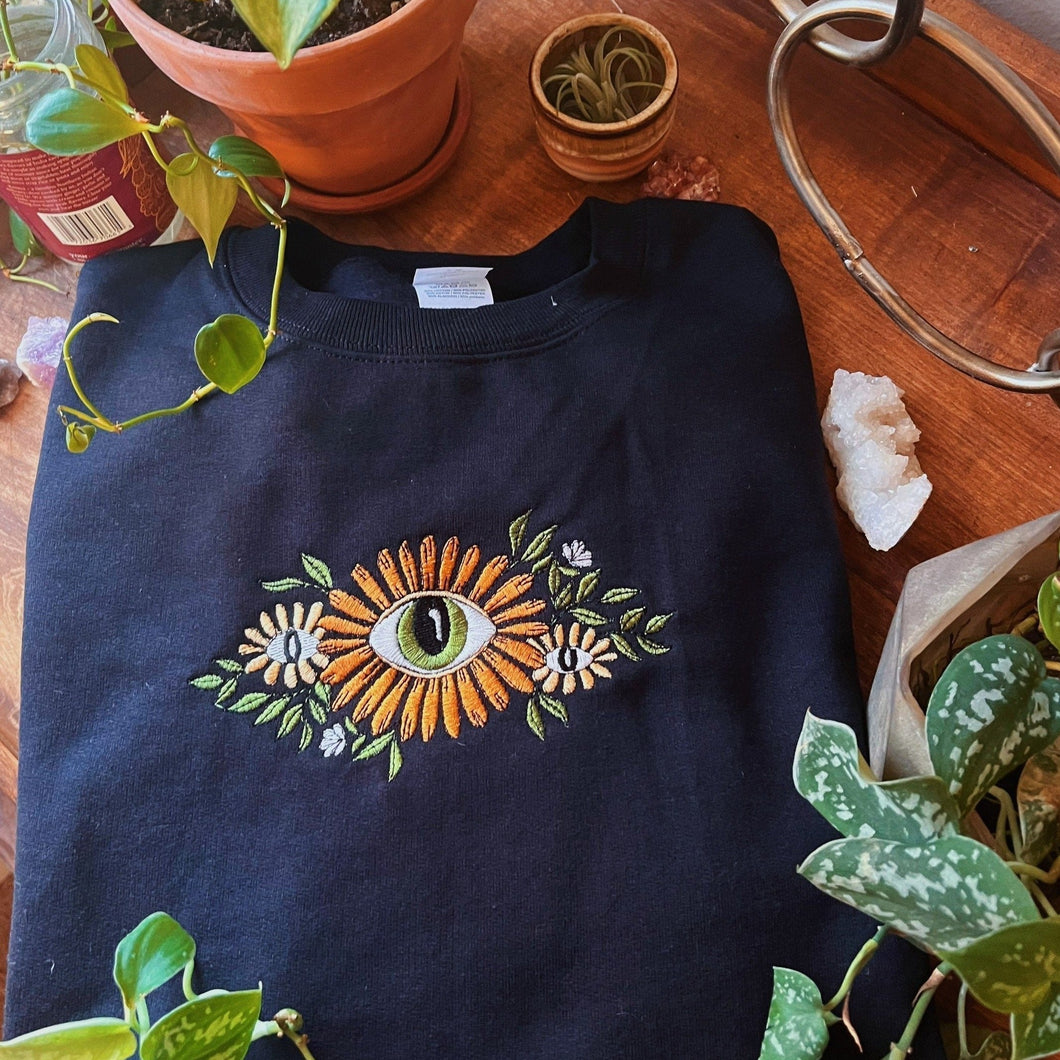 Black Floral Eye Embroidered Crewneck