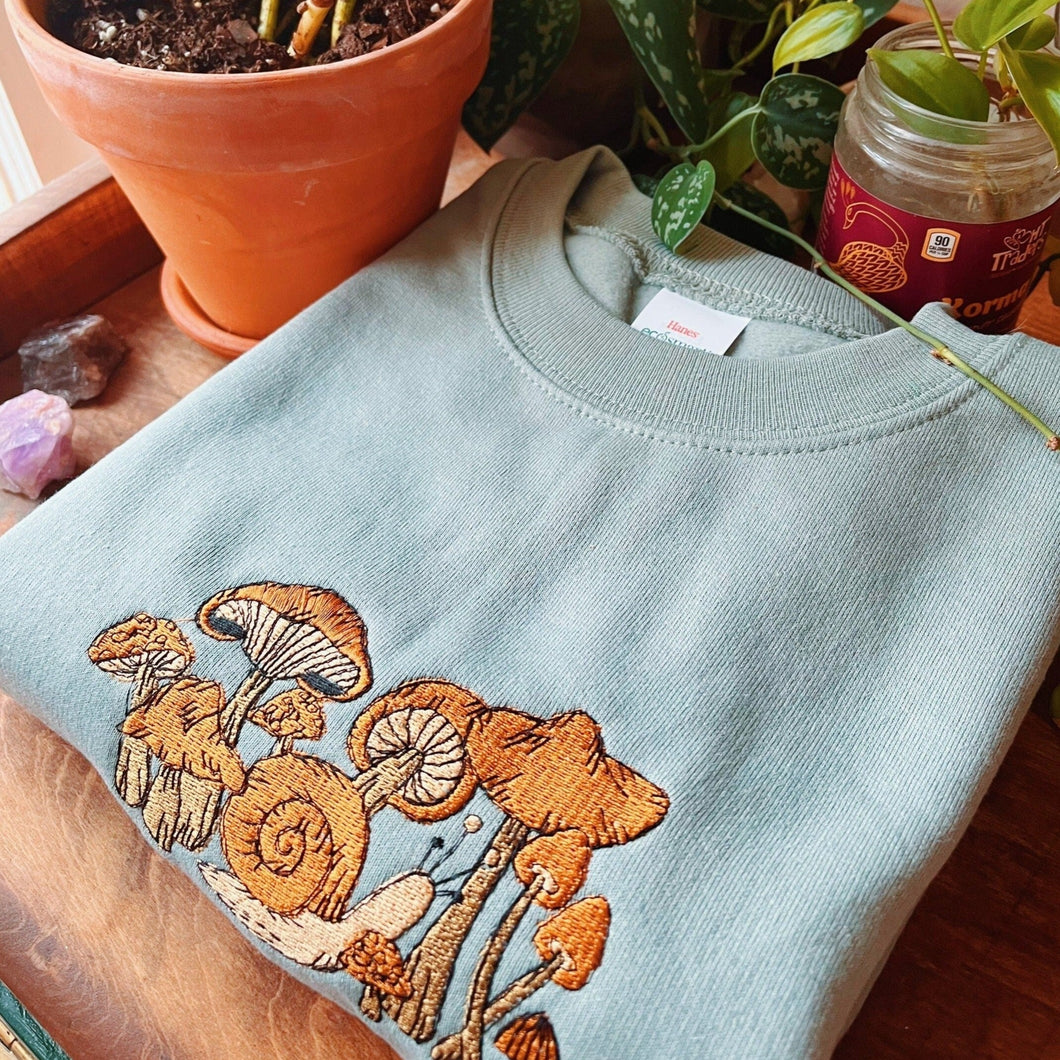 Sage Snail Shrooms Embroidered Crewneck