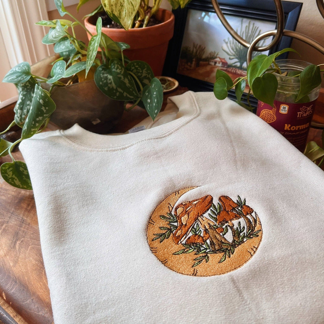 Tan Mushroom Moon Embroidered Crewneck