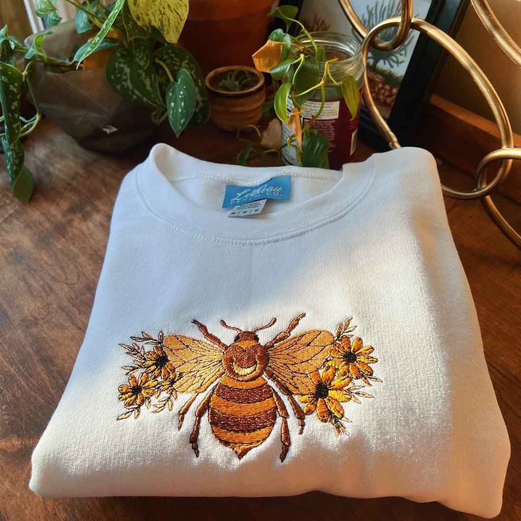 White Bumble Bee Embroidered Crewneck