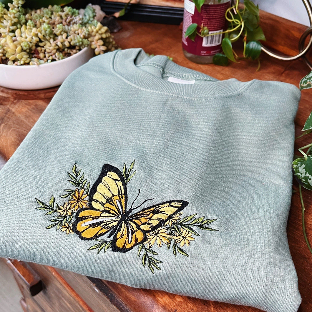 Sage Butterfly Embroidered Crewneck