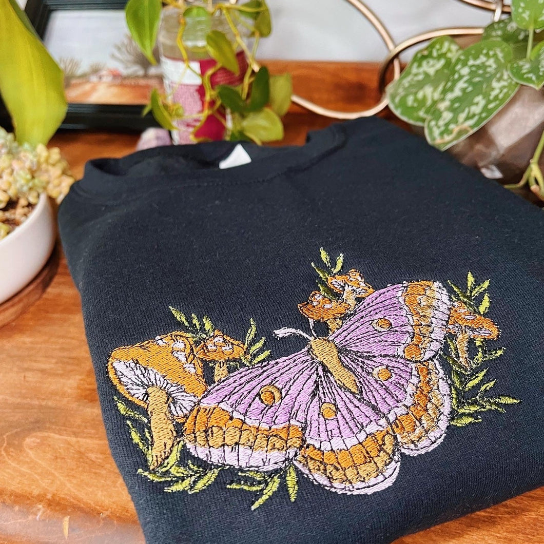 Black Mushroom Moth Embroidered Crewneck