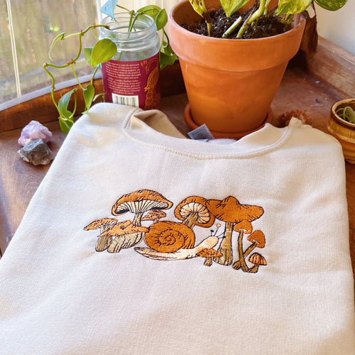 Tan Crewneck Sweatshirt with Mushroom & Snail Embroidery