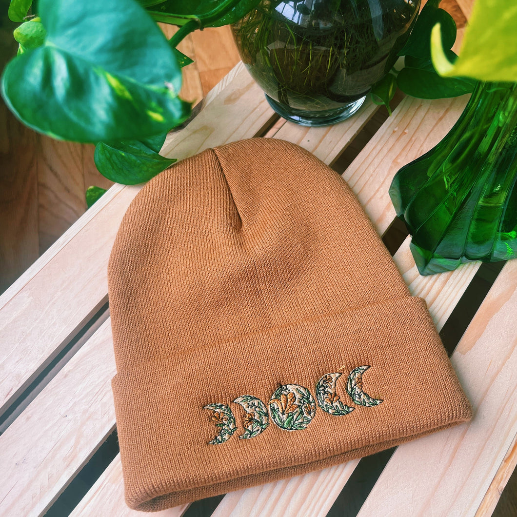 camel floral moon phase beanie