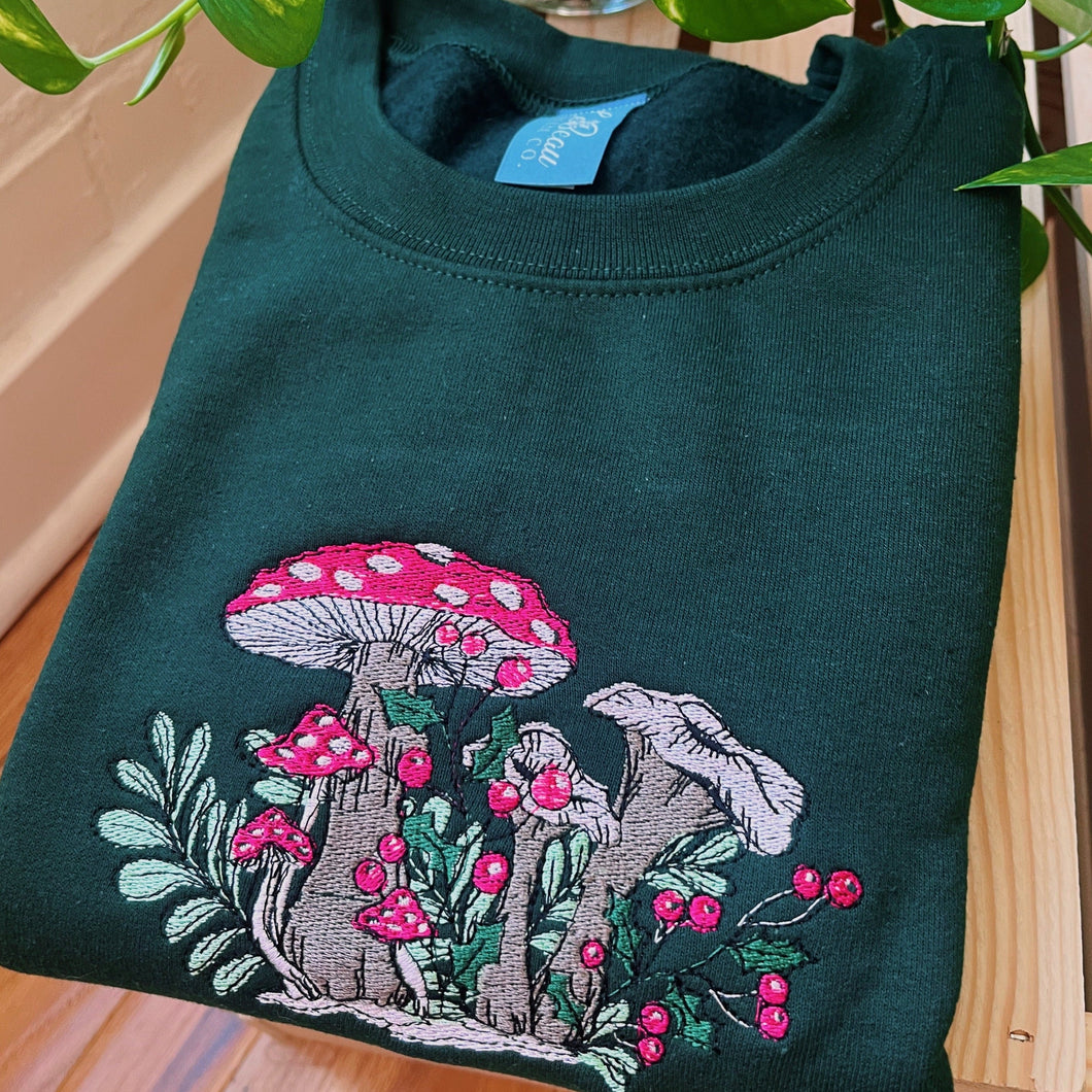 Forest Winter Mushrooms Embroidered Crewneck