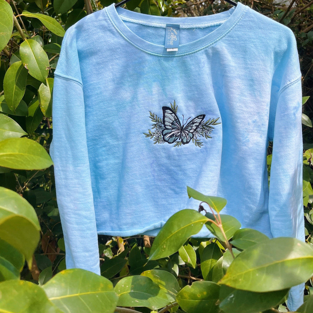 Small Blue Butterfly Cropped Marble Dyed Crewneck