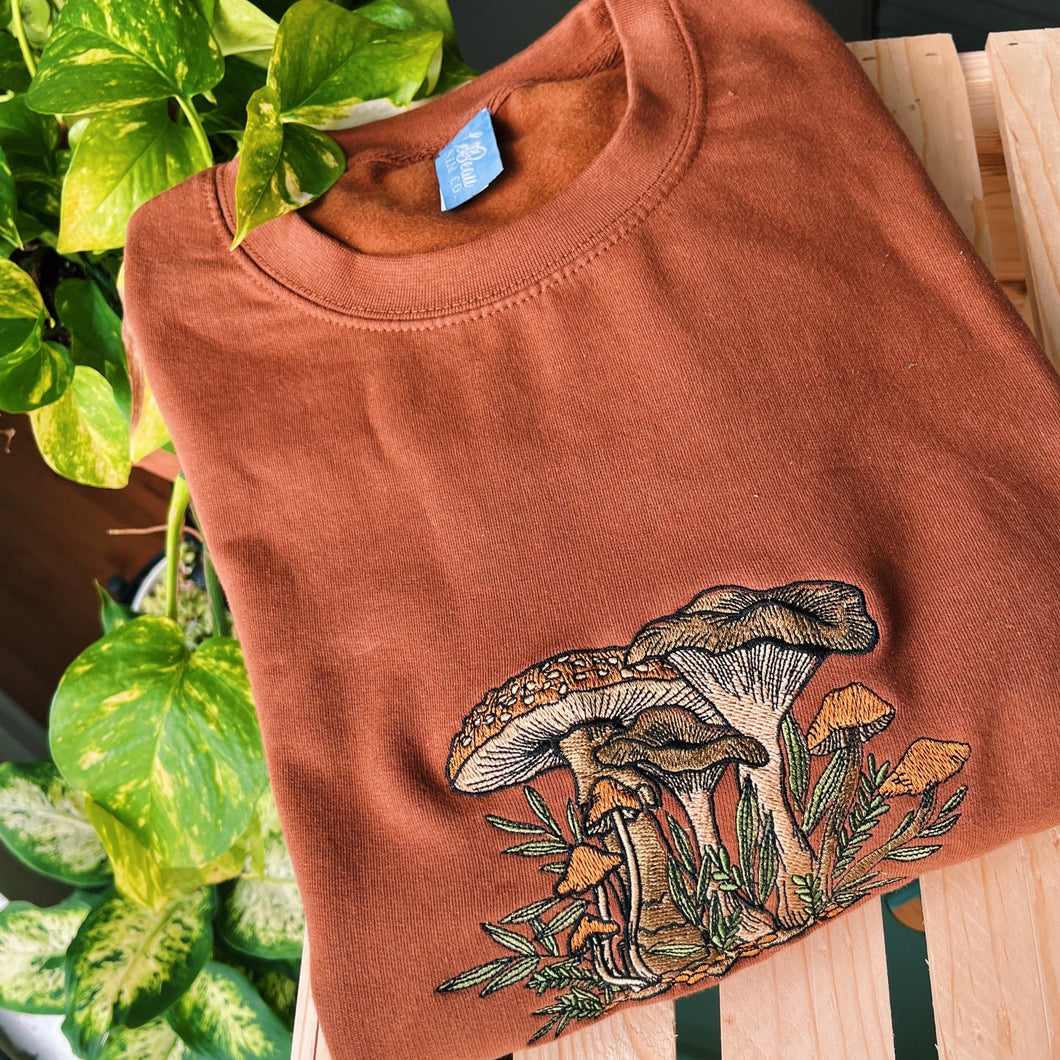 Camel Fungi Foliage Embroidered Crewneck