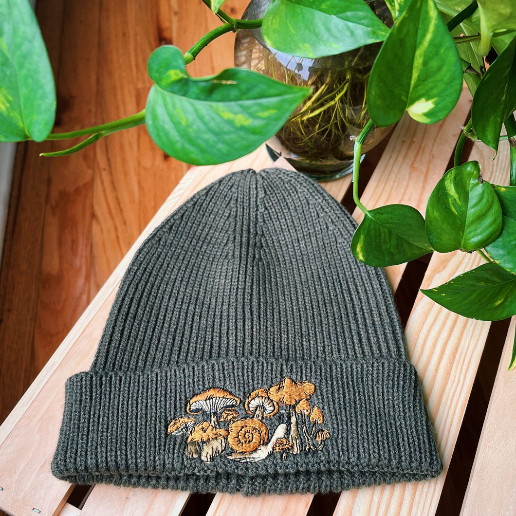 Olive Rib Knit Embroidered Beanie