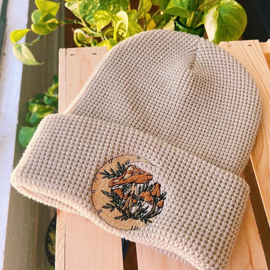 Tan Waffle Knit Embroidered Beanie