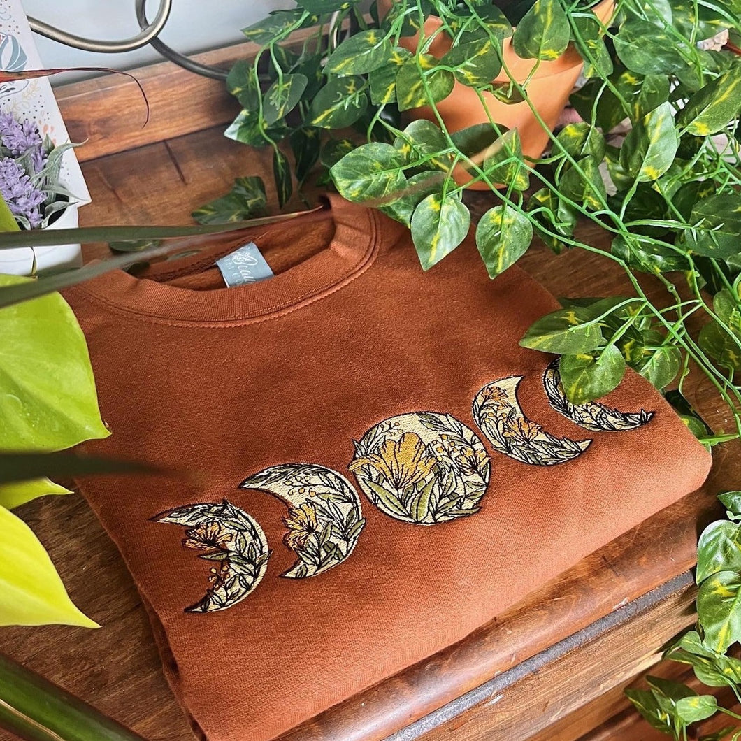 Camel Floral Moon Phase Embroidered Crewneck