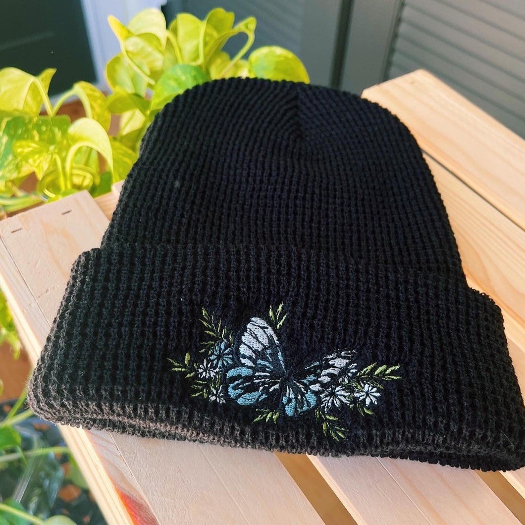 Black Waffle Knit Embroidered Beanie