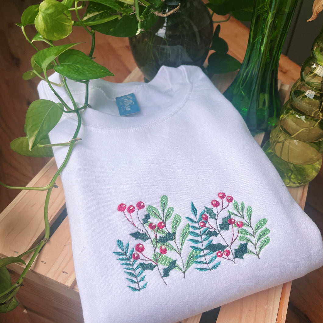 Ivory Winter Floral Embroidered Crewneck