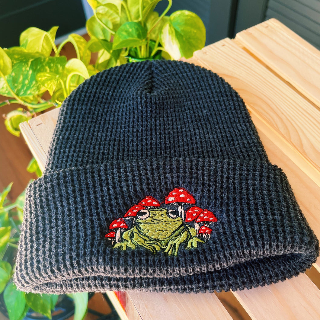 Charcoal Waffle Knit Embroidered Beanie