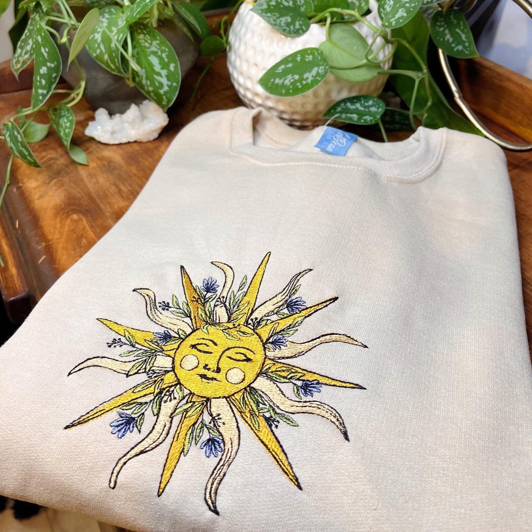 Tan Floral Sun Embroidered Crewneck