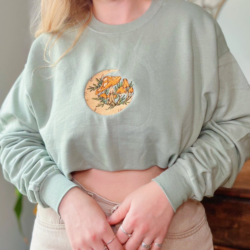 Sage Mushroom Moon Embroidered Crewneck