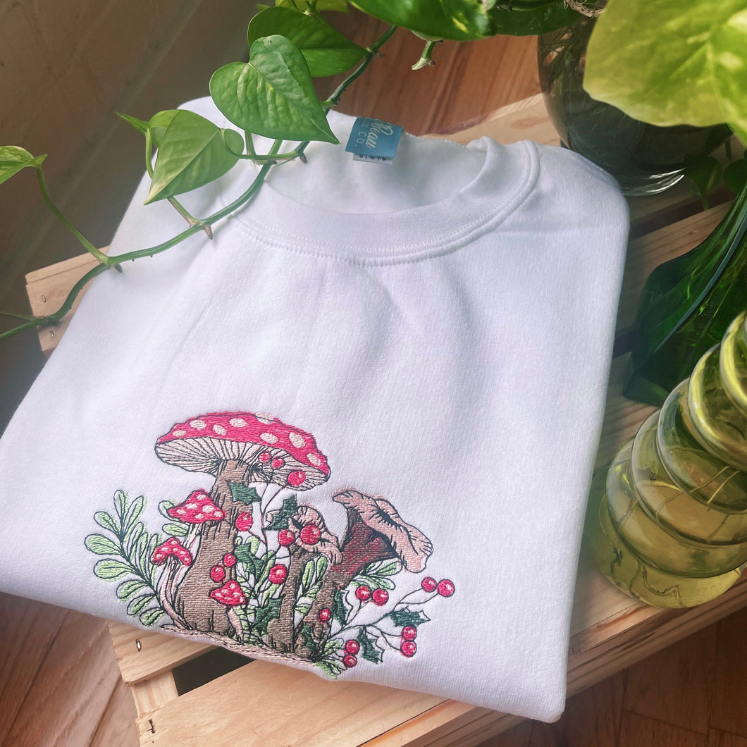 Ivory Winter Mushrooms Embroidered Crewneck