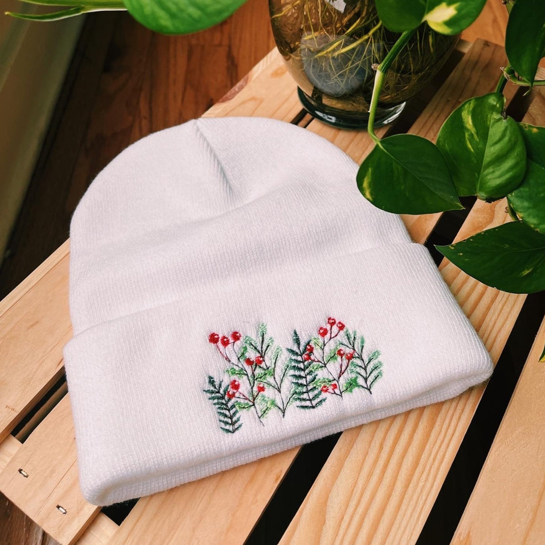 white winter floral beanie