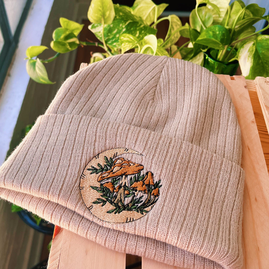 Tan Rib Knit Embroidered Beanie