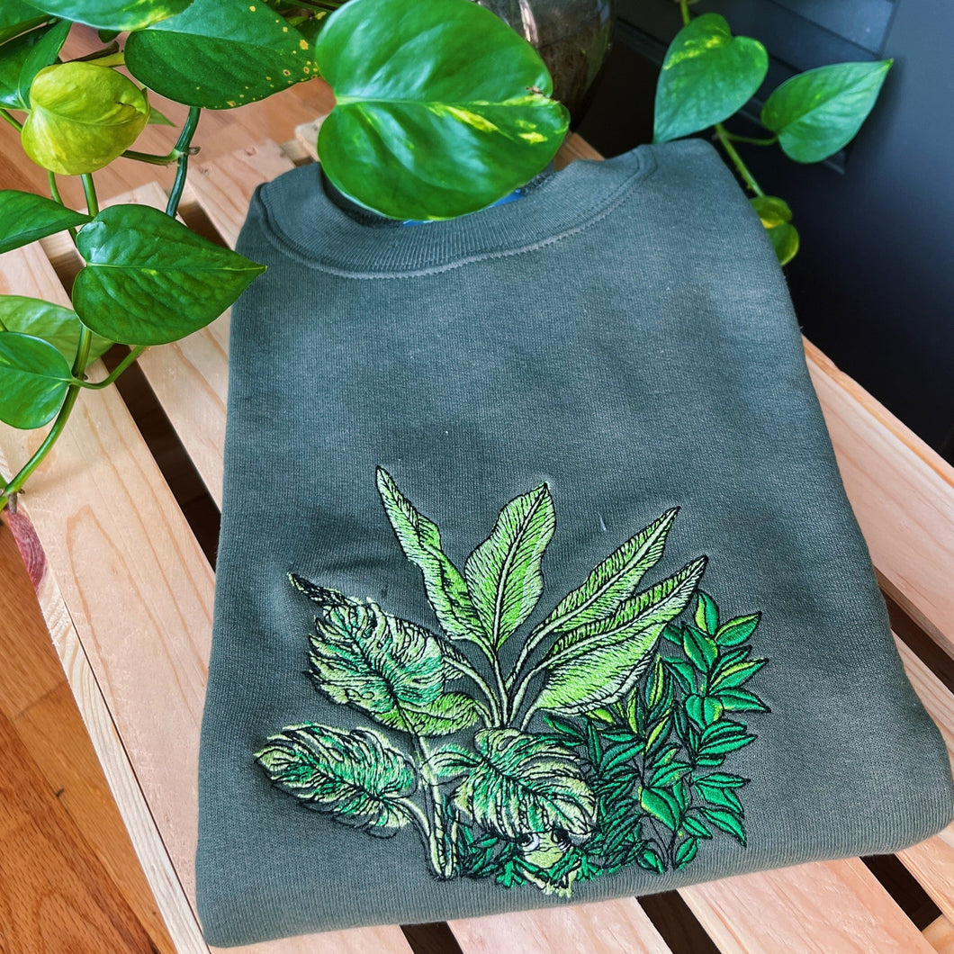 Olive Botanical Frog Embroidered Crewneck