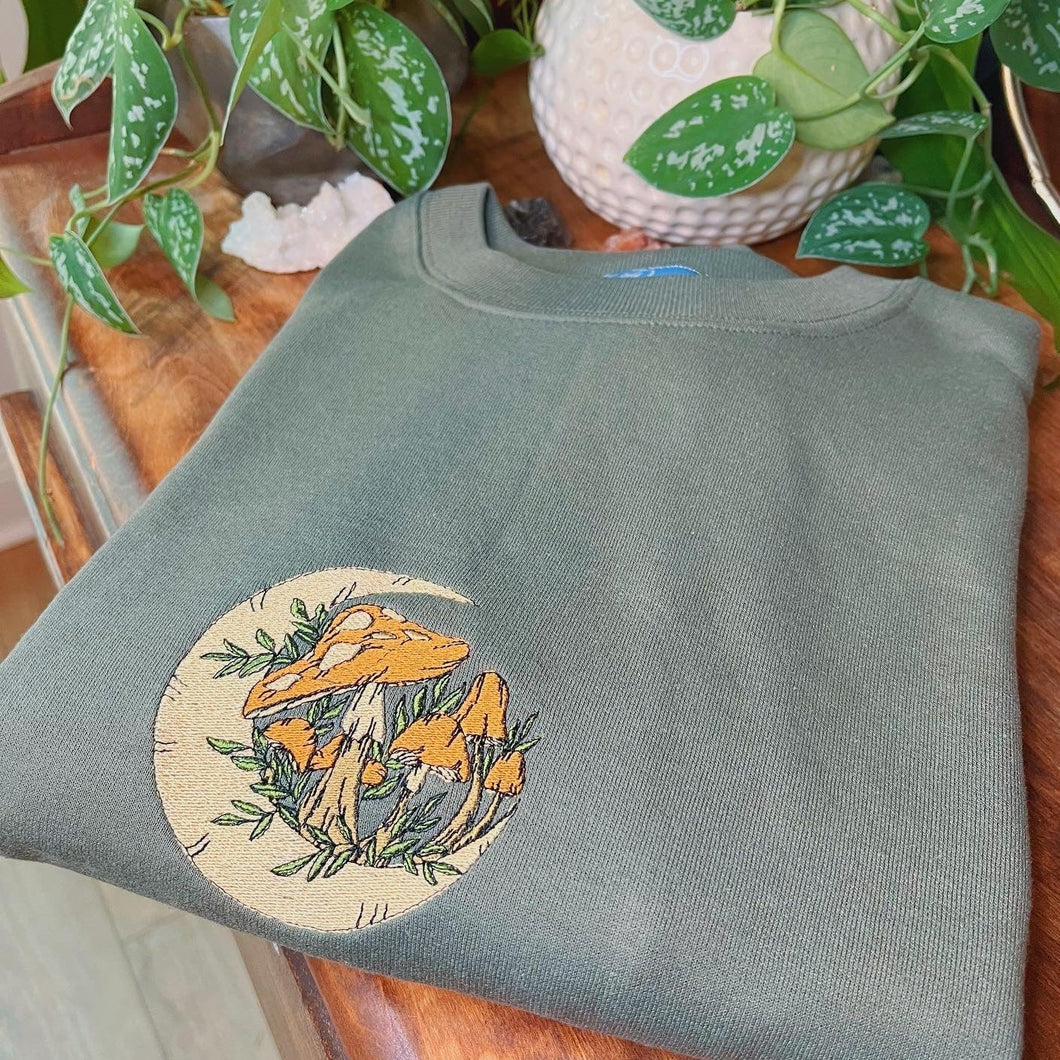 Olive Mushroom Moon Embroidered Crewneck