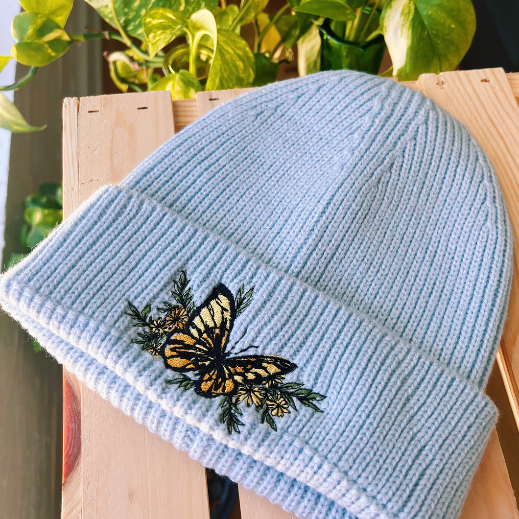 Baby Blue Rib Knit Embroidered Beanie