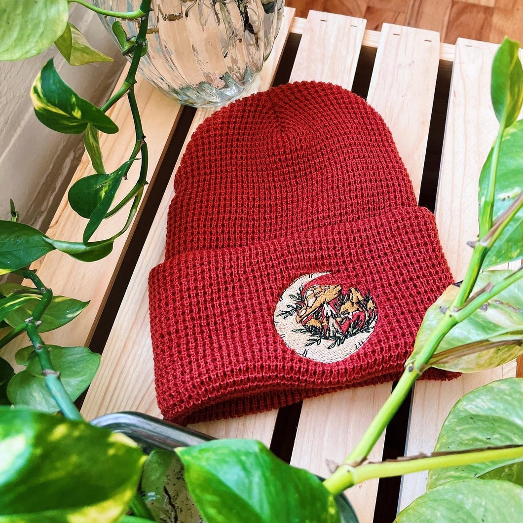 Rust Waffle Knit Embroidered Beanie