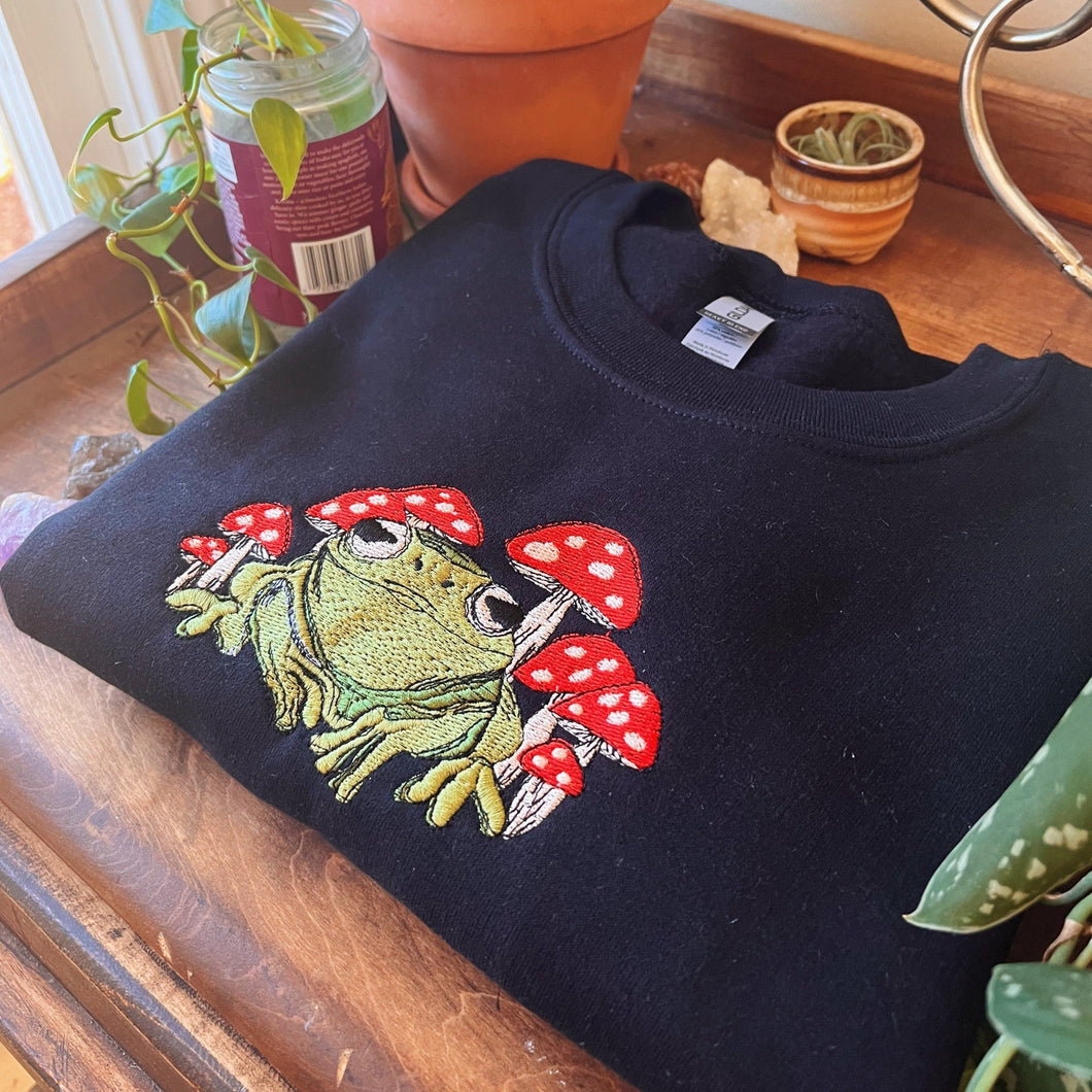 Black Frog Shrooms Embroidered Crewneck