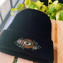 Load image into Gallery viewer, Black Waffle Knit Embroidered Beanie
