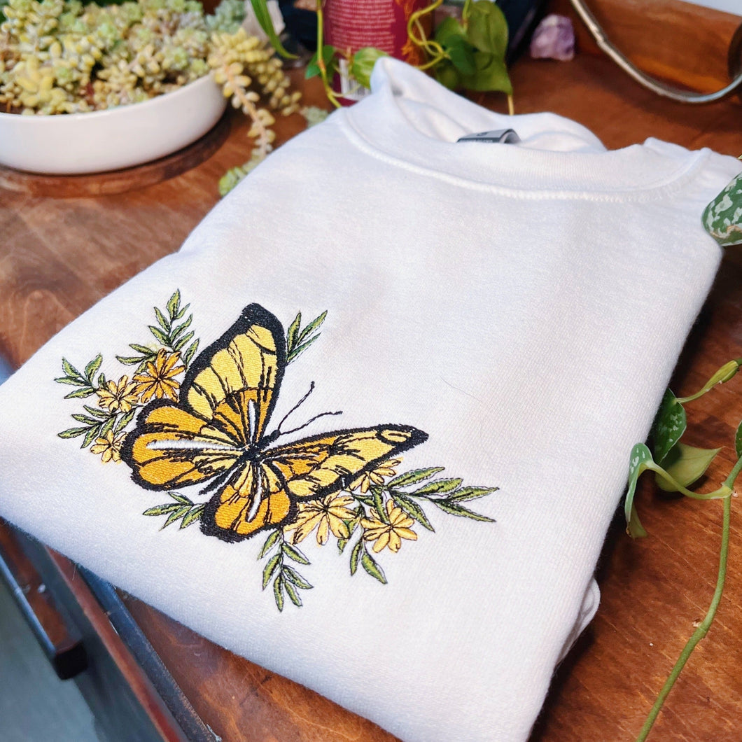 White Yellow Butterfly Embroidered Crewneck